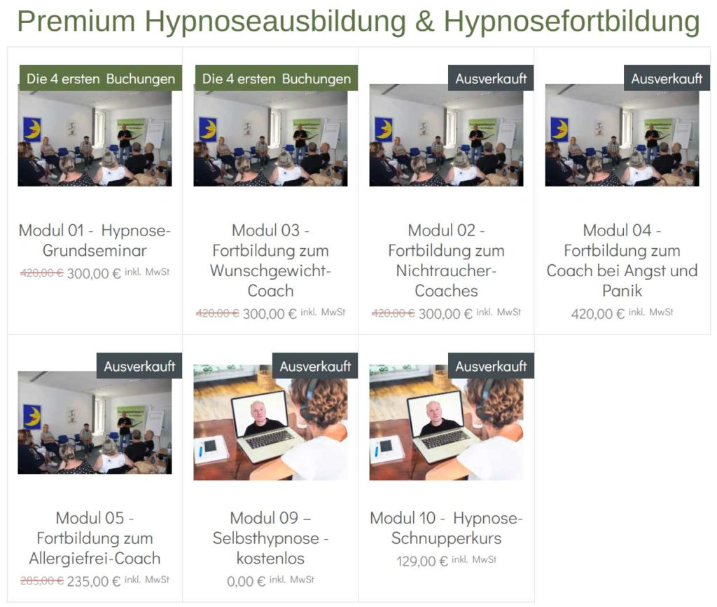 Bild mit Auswahl über verschiedene Hypnose-Seminare